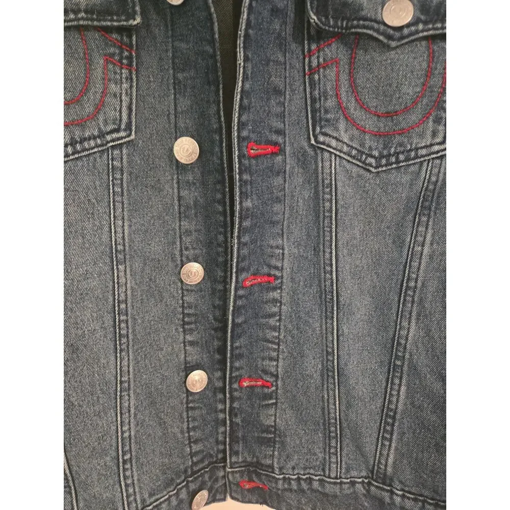 True Religion Men’s Jacket Denim with Red Stitch Printed Logo SZ M NEW